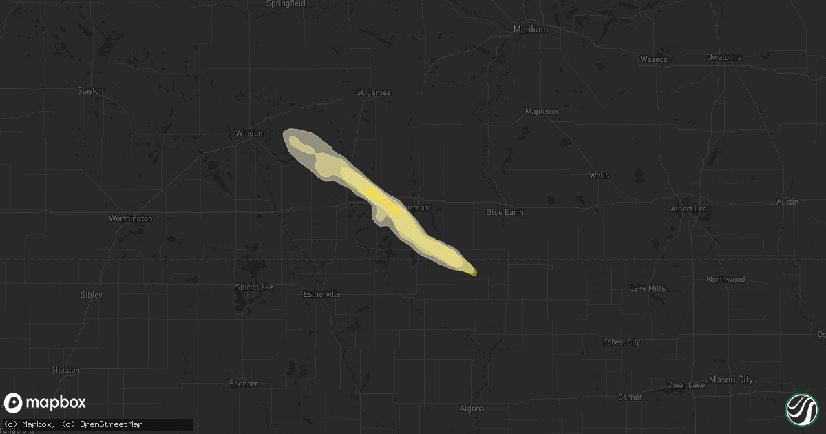 Hail map in Fairmont, MN on August 16, 2023
