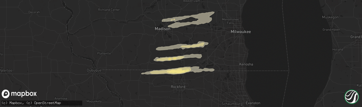 Hail map in Janesville, WI on August 16, 2023