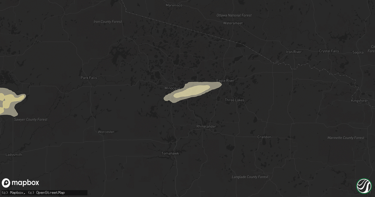 Hail map in Lake Tomahawk, WI on August 16, 2023