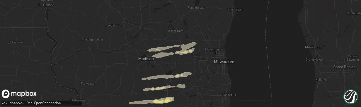 Hail map in Watertown, WI on August 16, 2023
