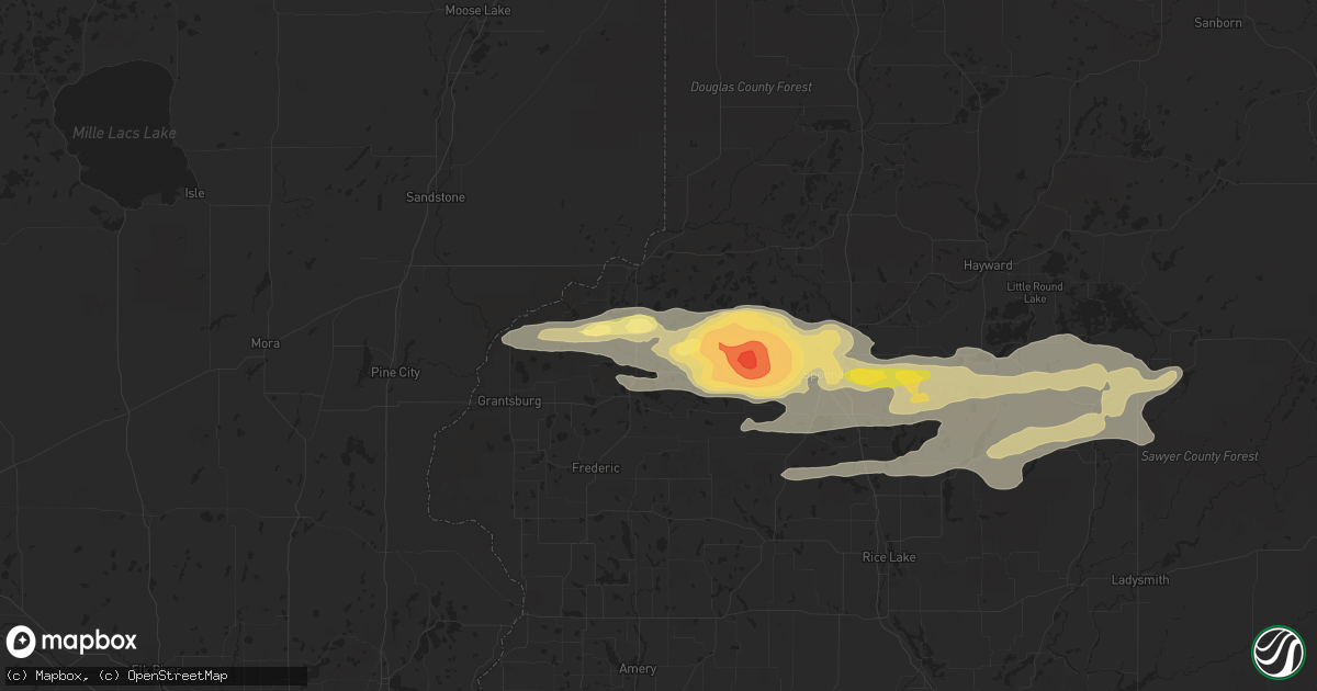 Hail map in Webster, WI on August 16, 2023