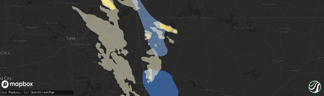 Hail map in Fayetteville, AR on August 16, 2024