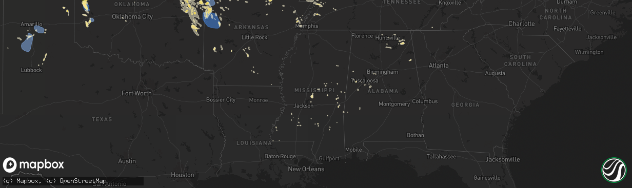 Hail map in Mississippi on August 16, 2024