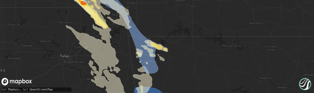 Hail map in Rogers, AR on August 16, 2024