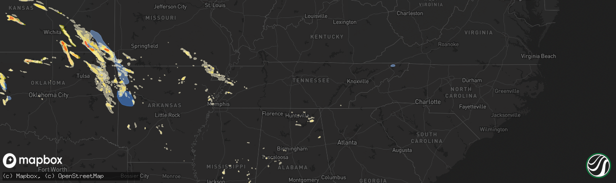 Hail map in Tennessee on August 16, 2024