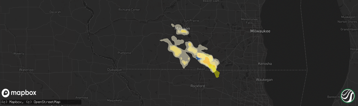 Hail map in Albany, WI on August 16, 2025