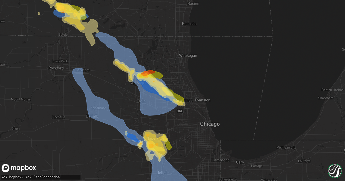 Hail map in Arlington Heights, IL on August 16, 2025