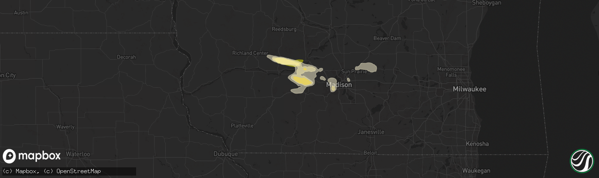 Hail map in Blue Mounds, WI on August 16, 2025