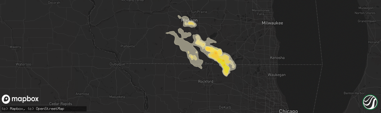 Hail map in Brodhead, WI on August 16, 2025