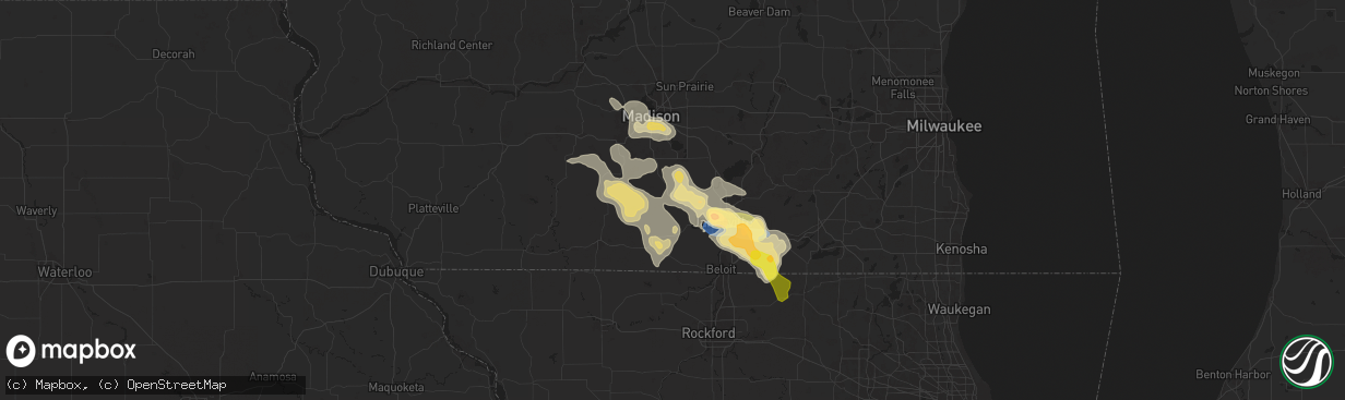 Hail map in Evansville, WI on August 16, 2025