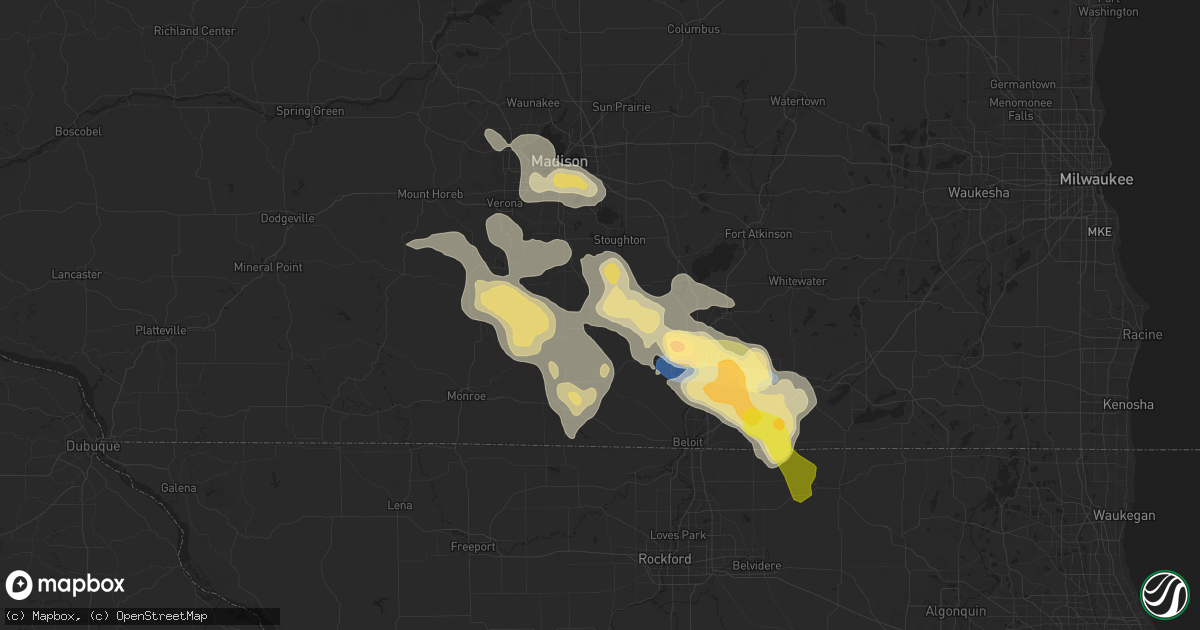Hail map in Evansville, WI on August 16, 2025