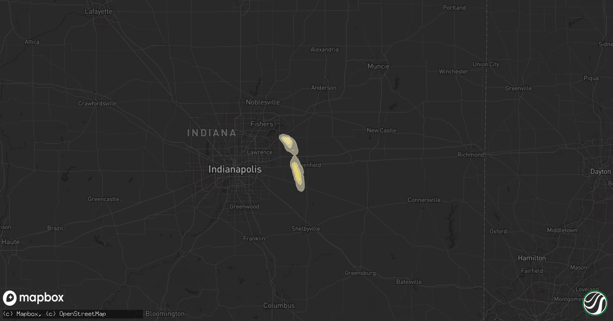 Hail map in Greenfield, IN on August 16, 2025