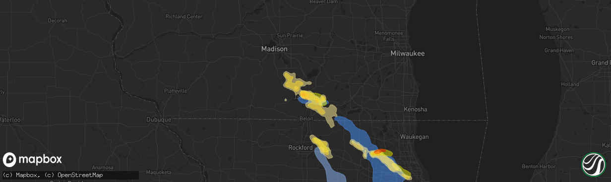 Hail map in Janesville, WI on August 16, 2025