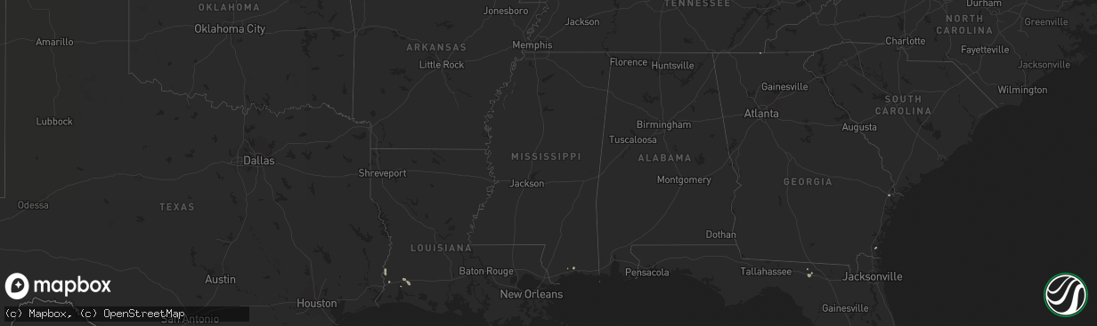 Hail map in Mississippi on August 16, 2025