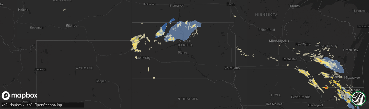 Hail map in South Dakota on August 16, 2025