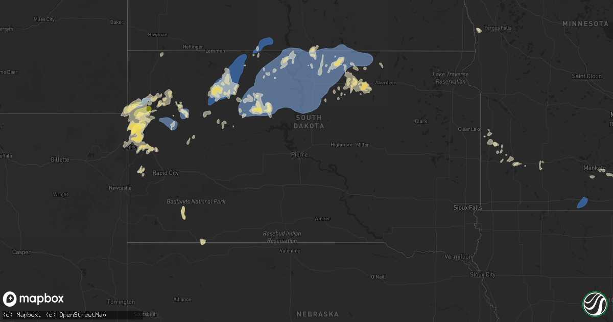 Hail map in South Dakota on August 16, 2025