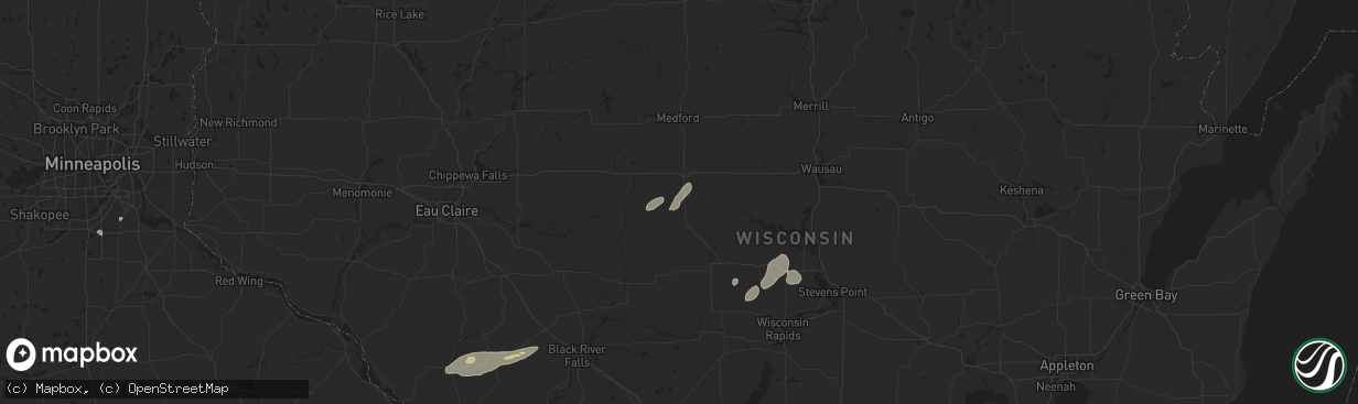 Hail map in Unity, WI on August 16, 2025