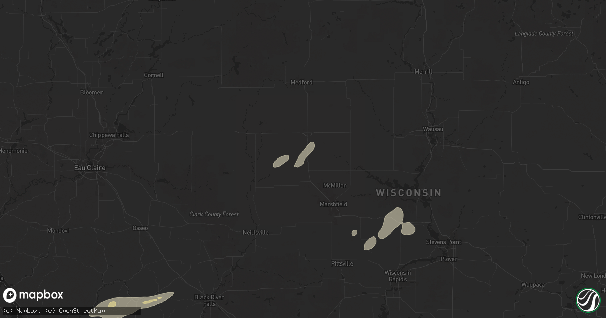 Hail map in Unity, WI on August 16, 2025