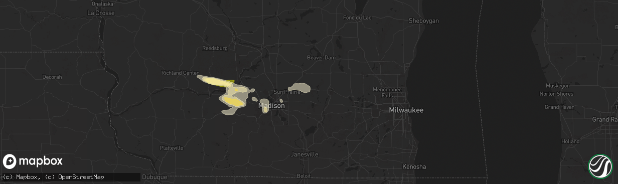 Hail map in Waterloo, WI on August 16, 2025