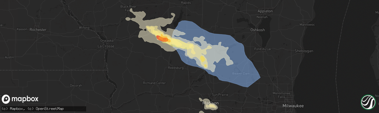 Hail map in Wisconsin Dells, WI on August 16, 2025