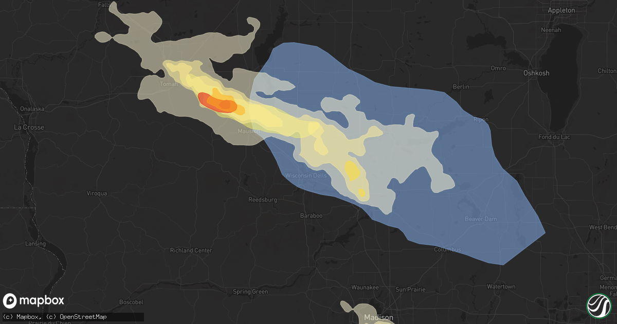 Hail map in Wisconsin Dells, WI on August 16, 2025