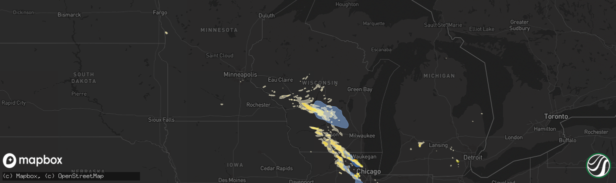 Hail map in Wisconsin on August 16, 2025