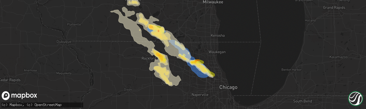 Hail map in Woodstock, IL on August 16, 2025