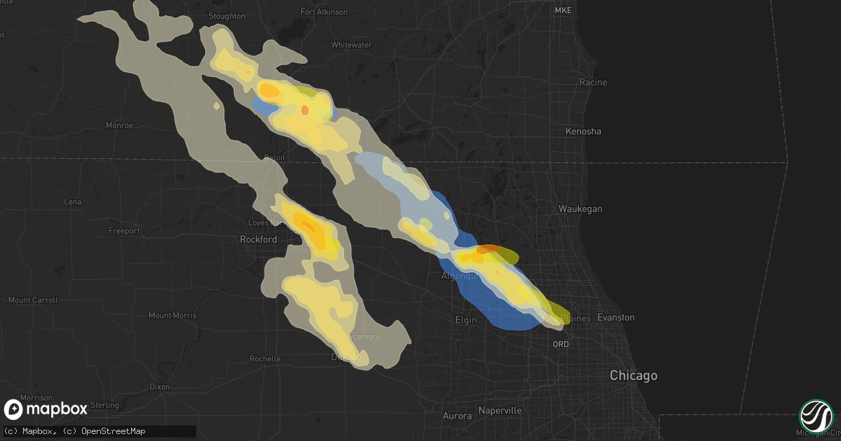 Hail map in Woodstock, IL on August 16, 2025