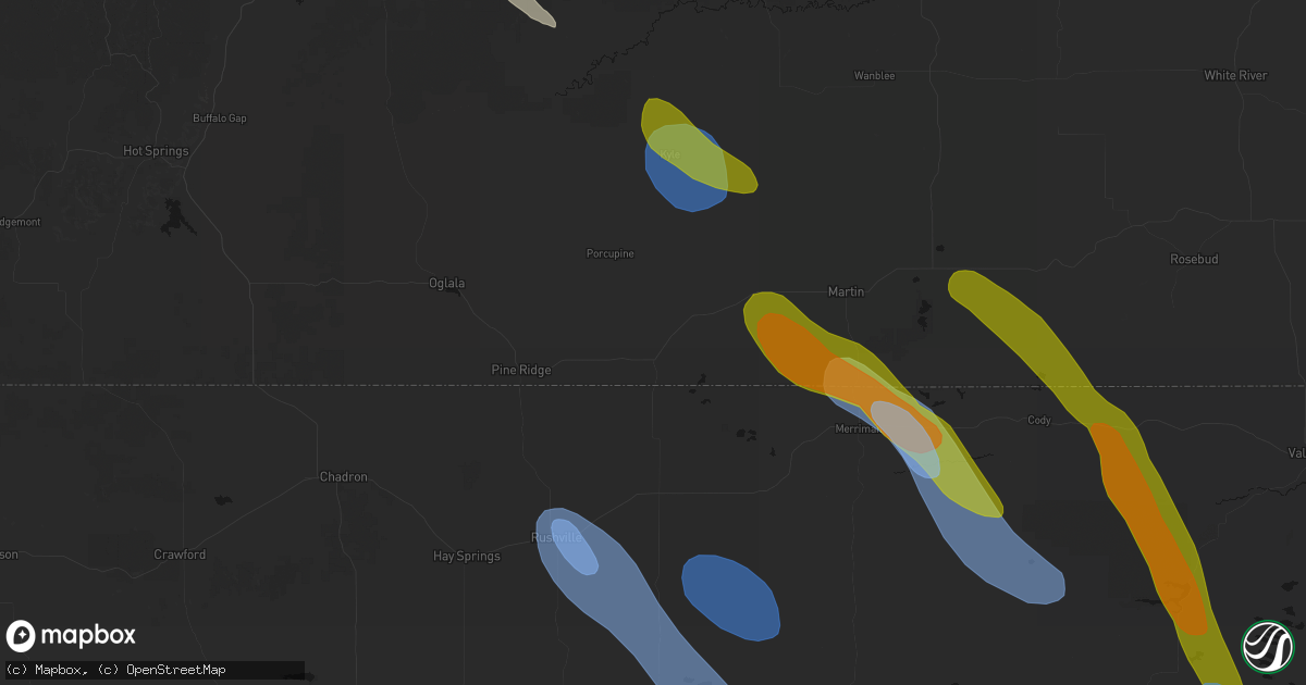 Hail map in Batesland, SD on August 16, 2026
