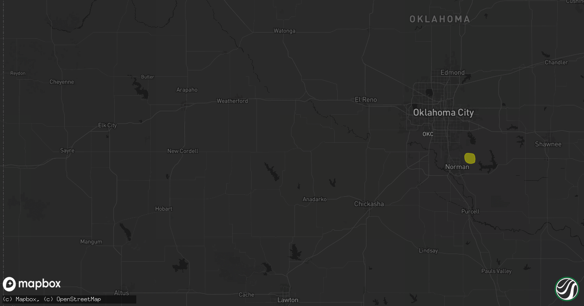 Hail map in Binger, OK on August 16, 2026