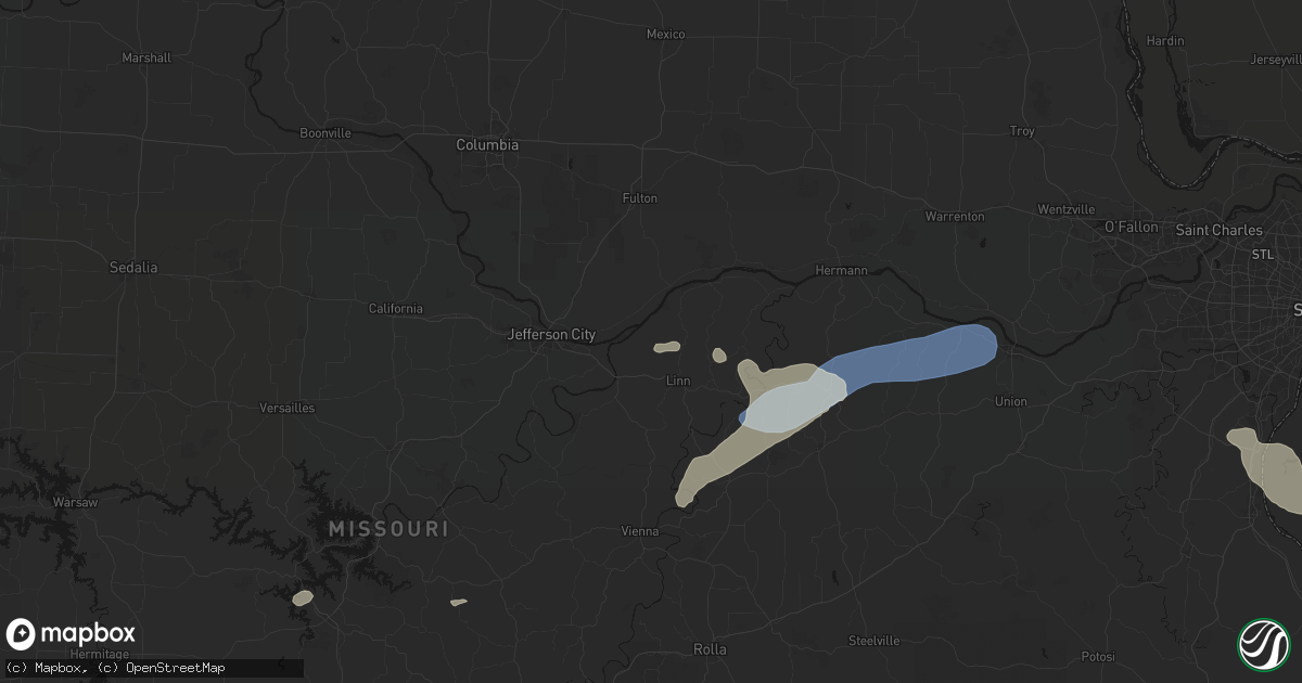Hail map in Bonnots Mill, MO on August 16, 2026