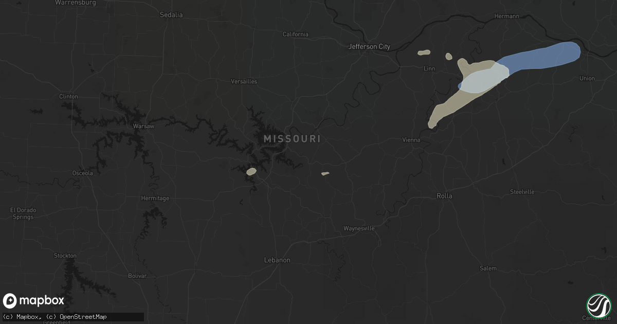 Hail map in Brumley, MO on August 16, 2026