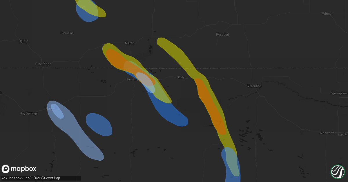 Hail map in Cody, NE on August 16, 2026