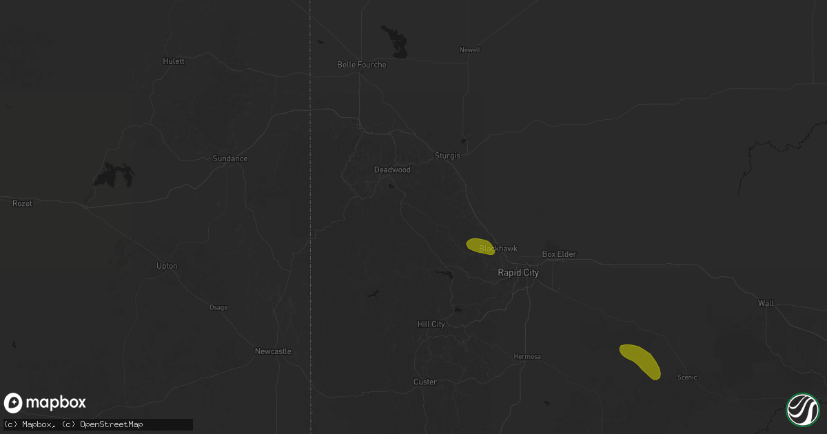 Hail map in Deadwood, SD on August 16, 2026