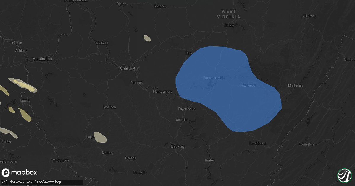 Hail map in Gauley Bridge, WV on August 16, 2026