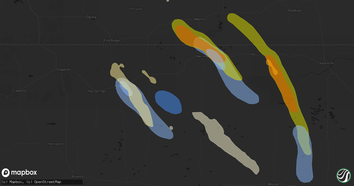 Hail map in Gordon, NE on August 16, 2026