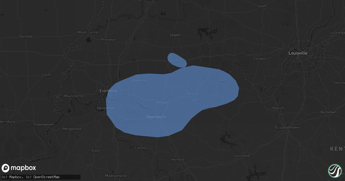 Hail map in Grandview, IN on August 16, 2026