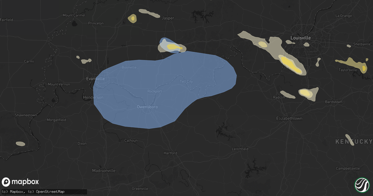 Hail map in Hawesville, KY on August 16, 2026