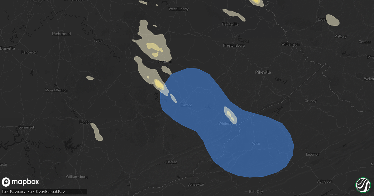 Hail map in Hazard, KY on August 16, 2026