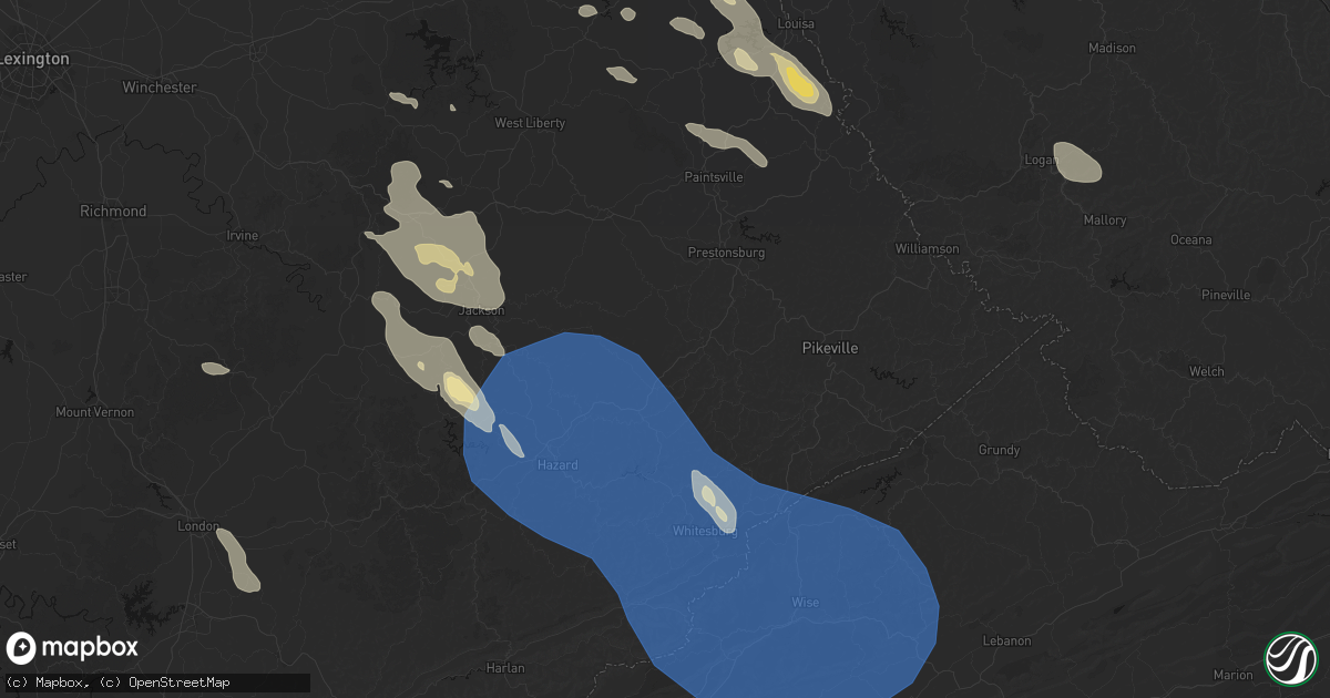 Hail map in Hueysville, KY on August 16, 2026