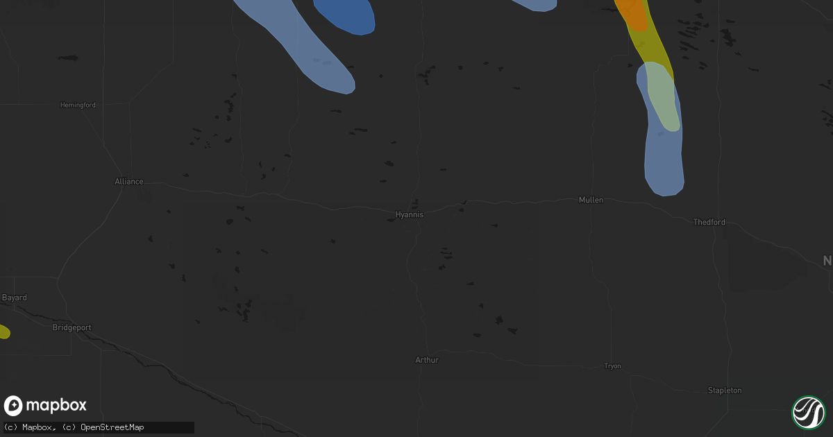Hail map in Hyannis, NE on August 16, 2026