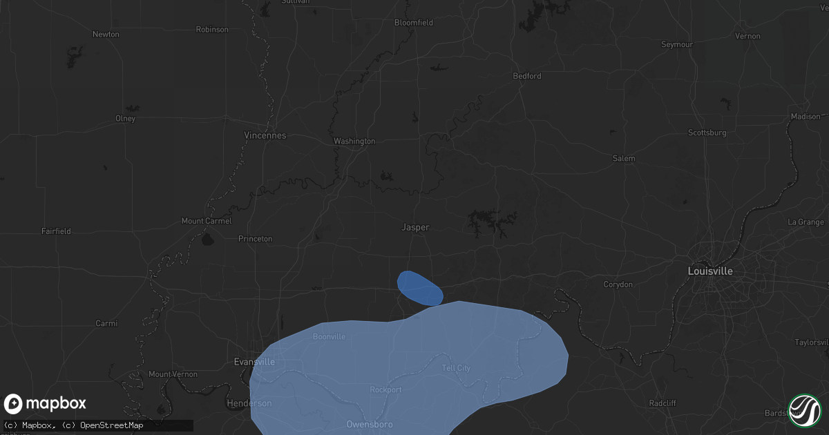 Hail map in Jasper, IN on August 16, 2026
