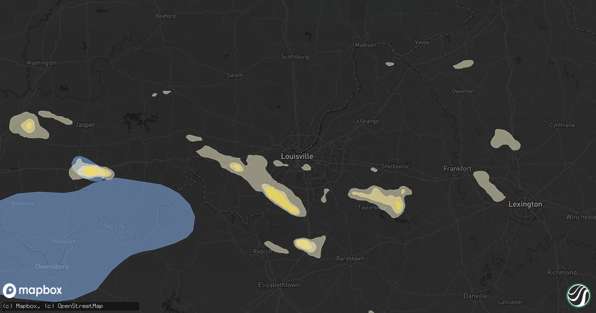 Hail map in Louisville, KY on August 16, 2026