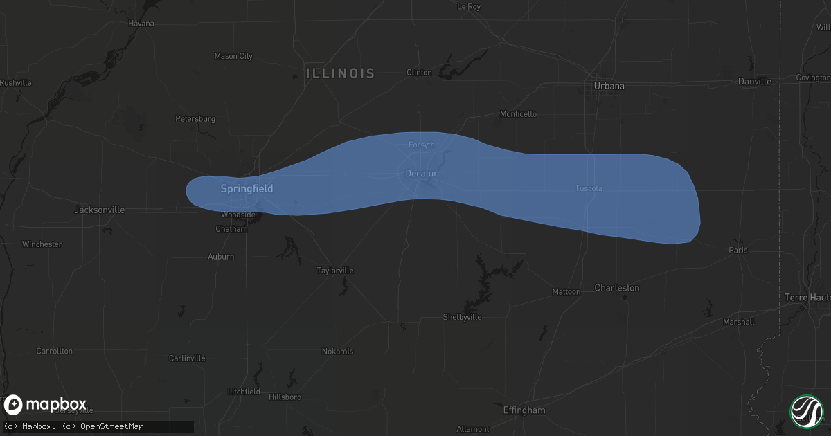 Hail map in Macon, IL on August 16, 2026