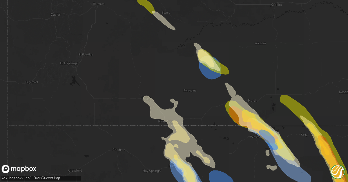 Hail map in Manderson, SD on August 16, 2026