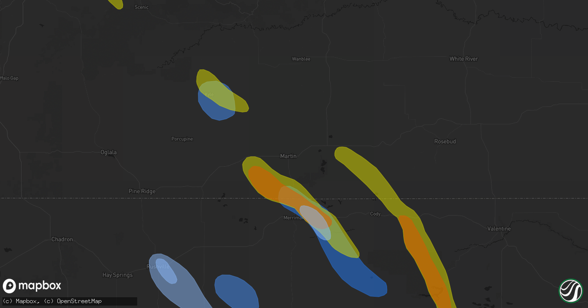 Hail map in Martin, SD on August 16, 2026