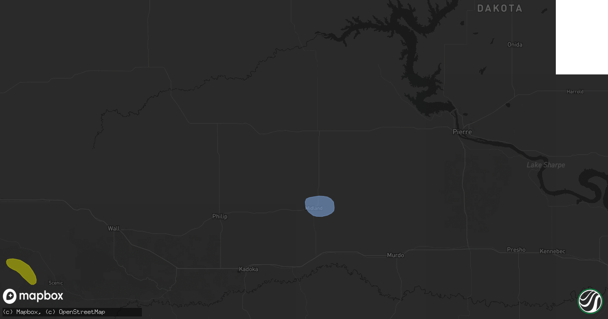Hail map in Midland, SD on August 16, 2026