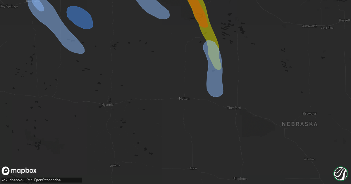 Hail map in Mullen, NE on August 16, 2026