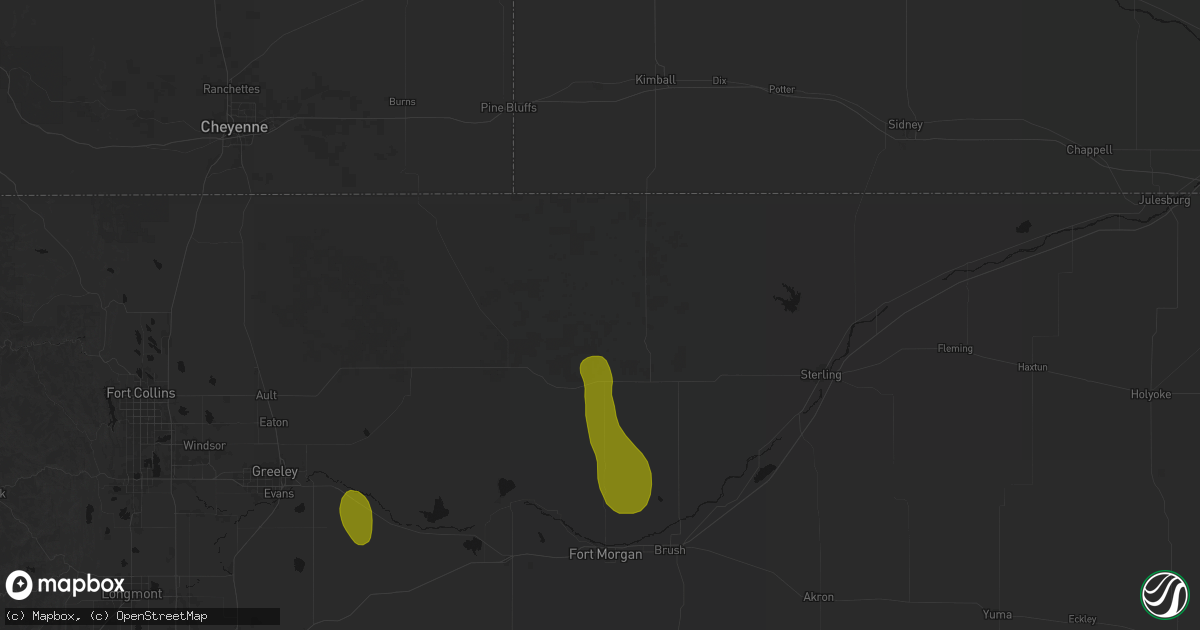 Hail map in New Raymer, CO on August 16, 2026