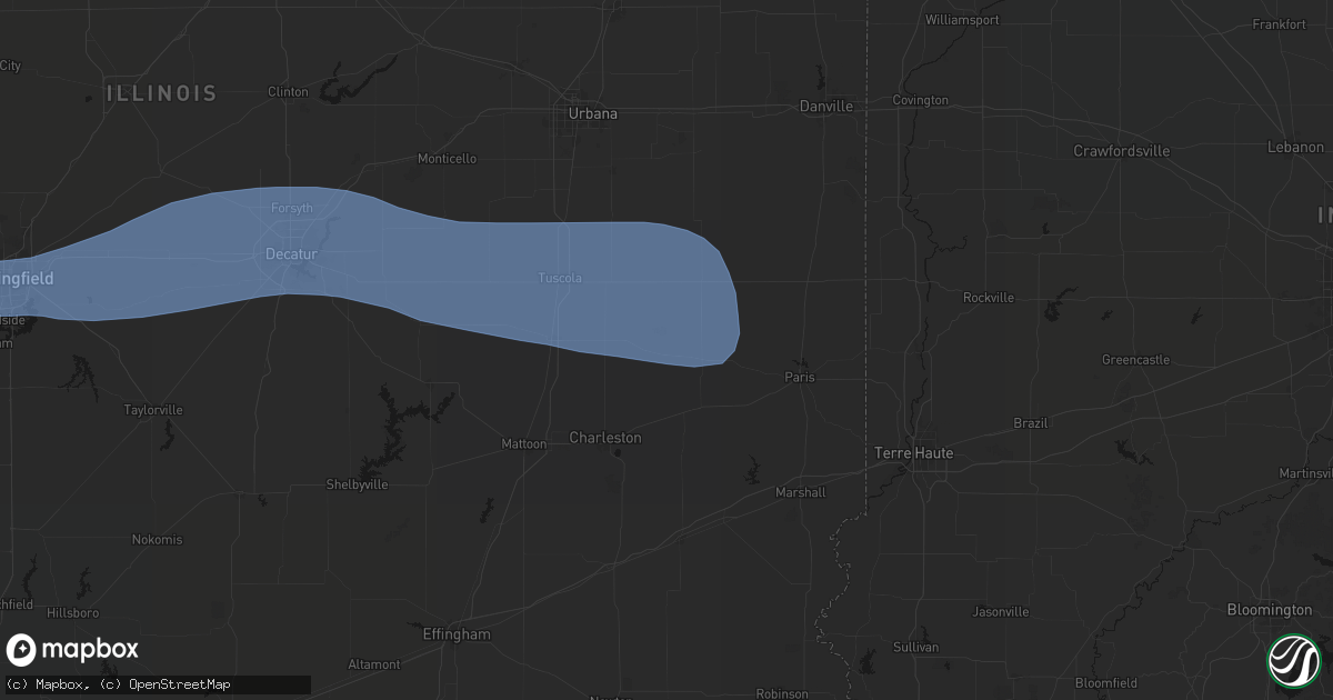 Hail map in Oakland, IL on August 16, 2026